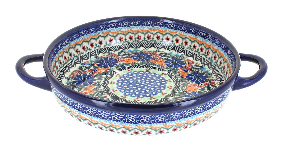Blue Rose Polish Pottery Butterfly Small Round Baker with Handles