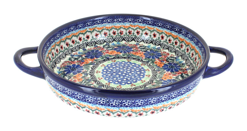 Blue Rose Polish Pottery Butterfly Small Round Baker with Handles