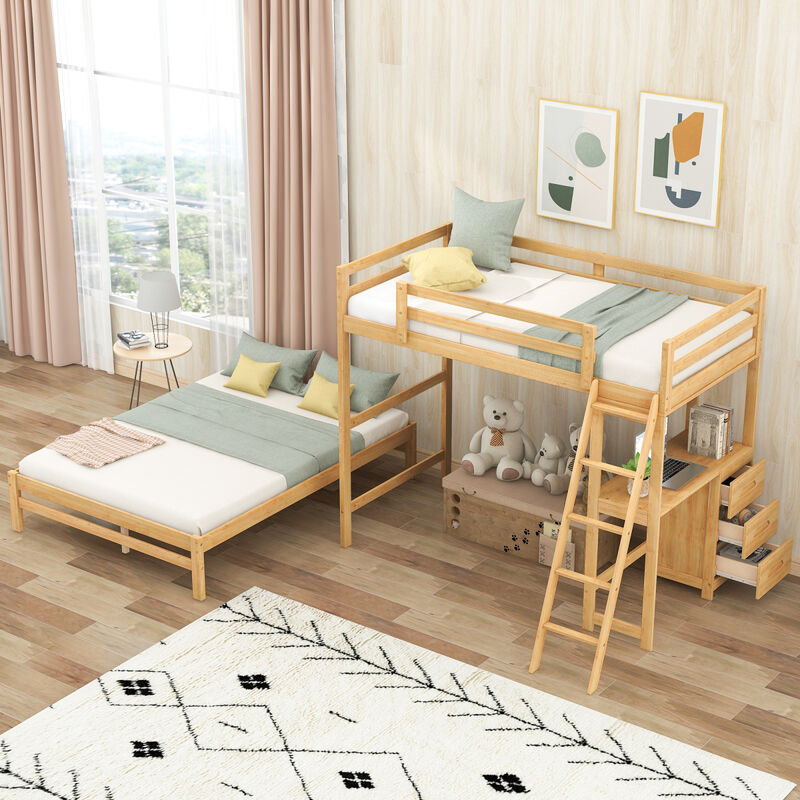 Twin Over Full Bunk Bed With Built-In Desk And Three Drawers