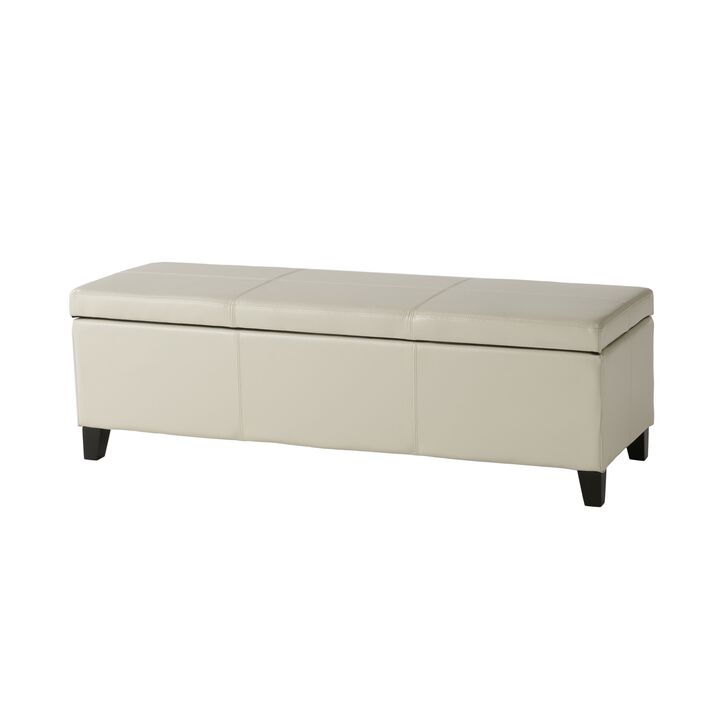 Elias Storage Ottoman Bench, Detailed Ivory Faux Leather, 51 Inch -Benzara