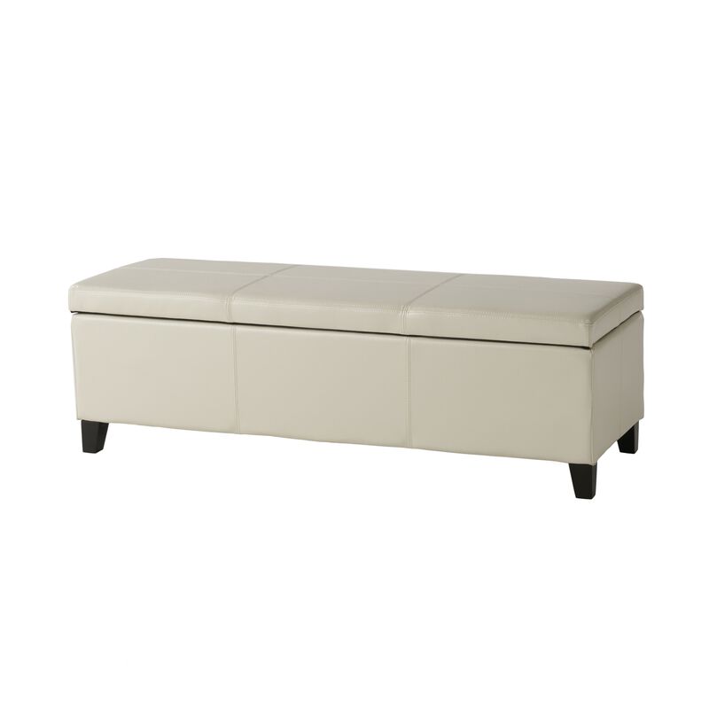 Elias Storage Ottoman Bench, Detailed Ivory Faux Leather, 51 Inch -Benzara