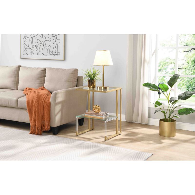 Golden Side Table, 2-Tier Acrylic Glass End Table For Living Room Bedroom