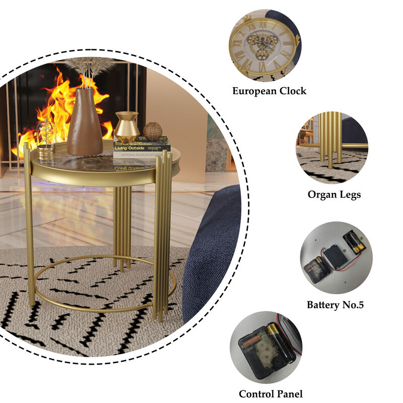 FUFU&GAGA Gold Gear Coffee Table with Spacious Tabletop, Sturdy Metal Legs, Circular Support Ring, Easy Assembly (18.5" W x 18.5" D x 20.5" H), Gold
