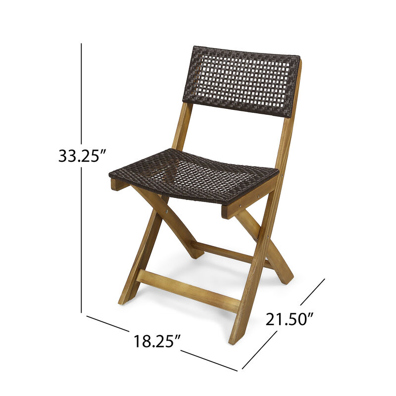 Bistro Side Chair, Foldable, Outdoor Gray Wicker Cane, Brown Acacia Wood - Benzara