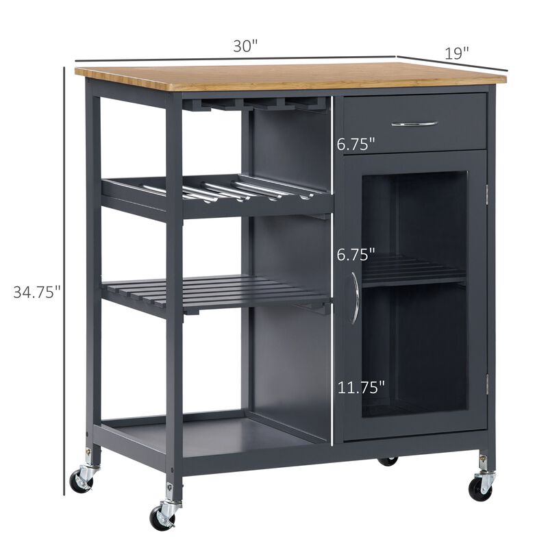 Gray Kitchen Helper: Rolling Island Cart with Wine Rack & Cabinet