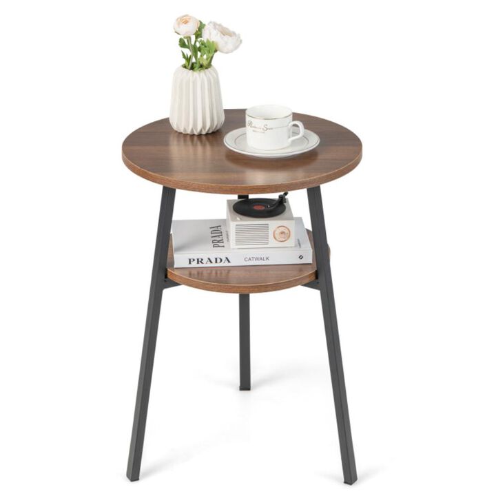 Hivvago 2-Tier Round End Table with Open Shelf and Triangular Metal Frame