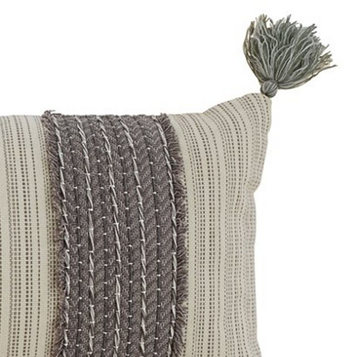 36 Inch Cotton Accent Pillow, Trimmed Fringe Details, Set of 4, Gray, Cream - Benzara