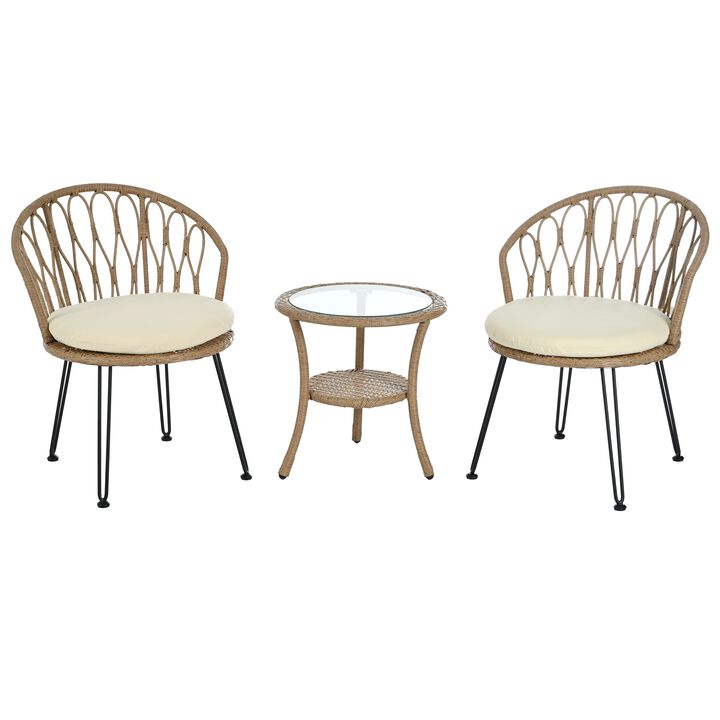 Mondawe 2 Pieces Outdoor Table And Chair Set,Patio Garden Set W/ Rattan Chairs And Round Glass Table