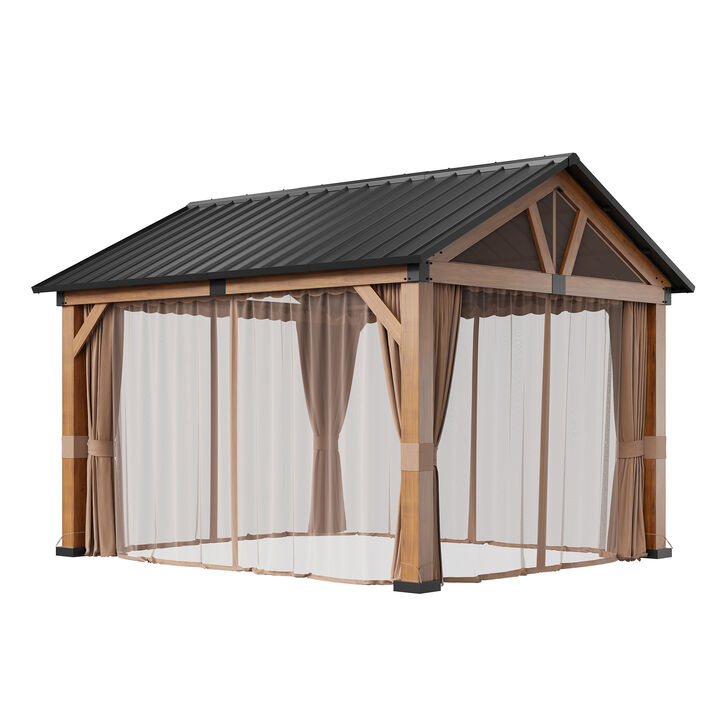 Clihome 11x12ft Patio Hardtop Gazebo with Curtains and Nettings Wooden Canopy Aluminum Frame