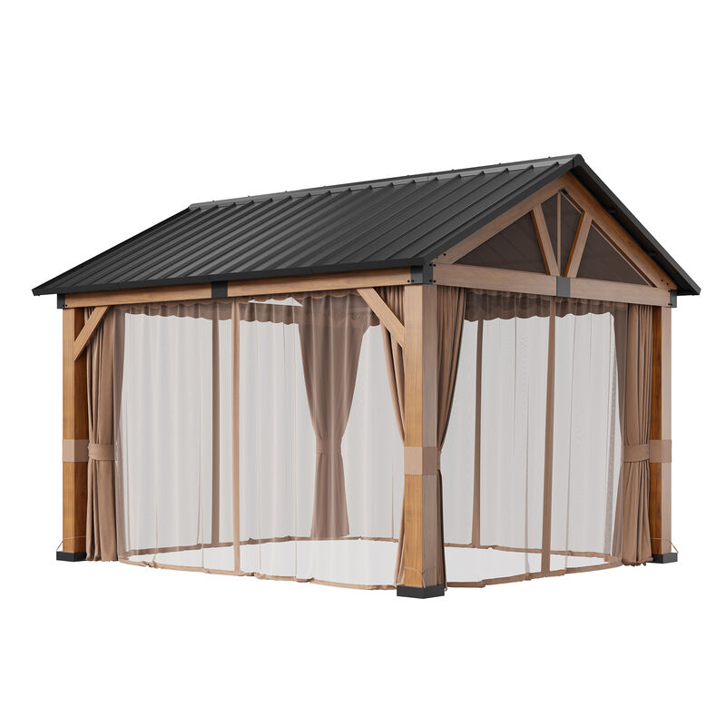 Clihome 11x12ft Patio Hardtop Gazebo with Curtains and Nettings Wooden Canopy Aluminum Frame
