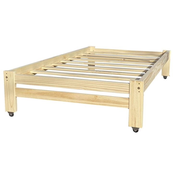 Hivvago Twin Unfinished Solid Wood Platform Bed Frame with Casters Wheels