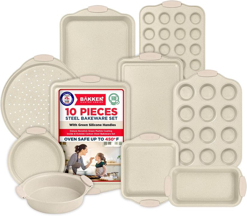 BAKKEN Kitchen Baking Pan Set - Nonstick Coating, Carbon Steel Bakeware Sets with Silicone Handles, Baking Kitchen Essentials, PFOA, PFOS, PTFE Free, Oven Safe Tray (Up To 450° F), Set of 10