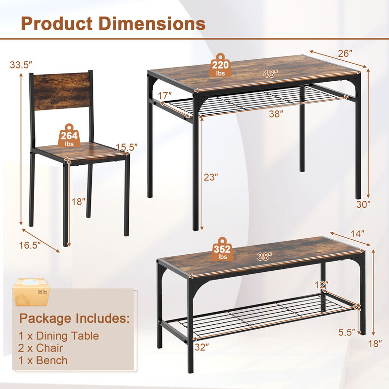 Industrial Style Kitchen Table Set with Bench and Chairs for Rustic Dining Room Decor