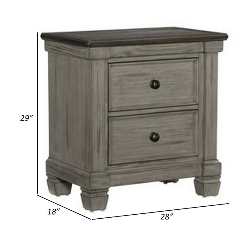 Cadie 29 Inch Nightstand, 2 Drawers, Coffee Brown, Antique Gray Wood - Benzara