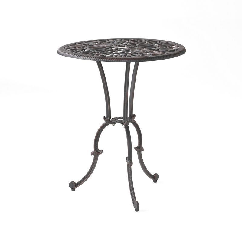 Charlie 3 pcs Bistro Set w Umbrella Hole, Cast Aluminum in Copper - Benzara