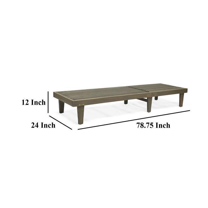 Pina Outdoor Chaise Lounger, 79 Inch, Dark Gray Slatted Acacia Wood - Benzara
