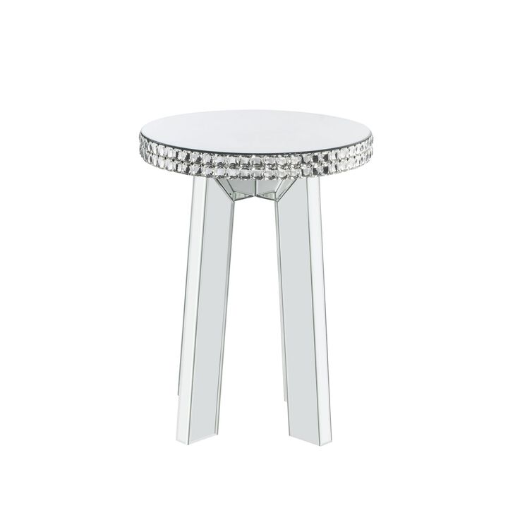 Round Mirror Panel Inlay End Table with Faux Crystals Accents, Silver-Benzara