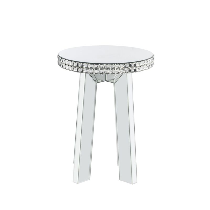 Round Mirror Panel Inlay End Table with Faux Crystals Accents, Silver-Benzara
