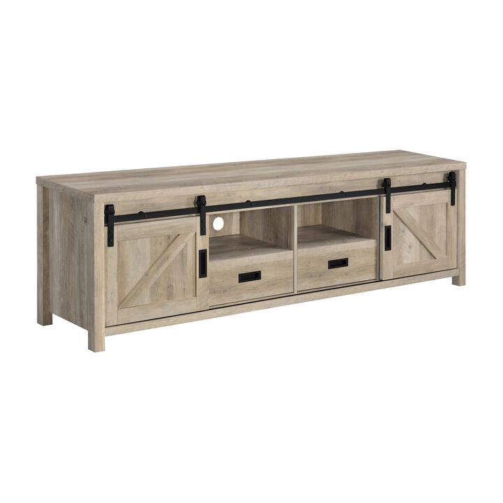 Sem 79 Inch TV Media Entertainment Console, Sliding Doors, 2 Drawers, Brown-Benzara