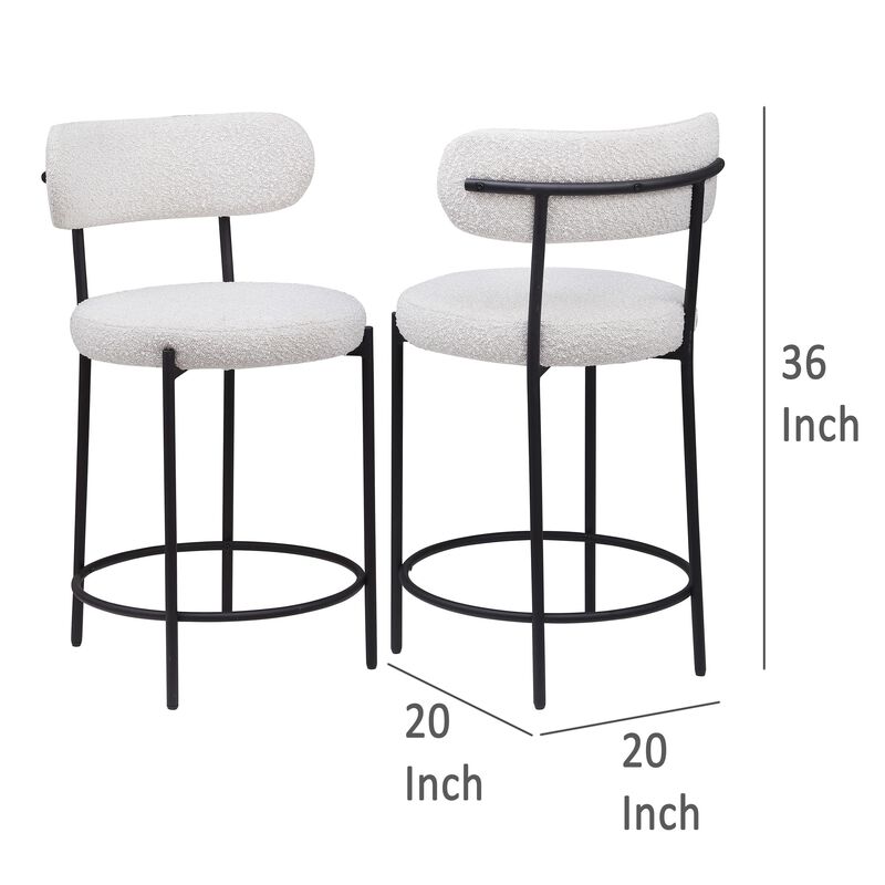 Winona Counter Height Chair Set of 2, White Boucle, Black Metal 25in - Benzara