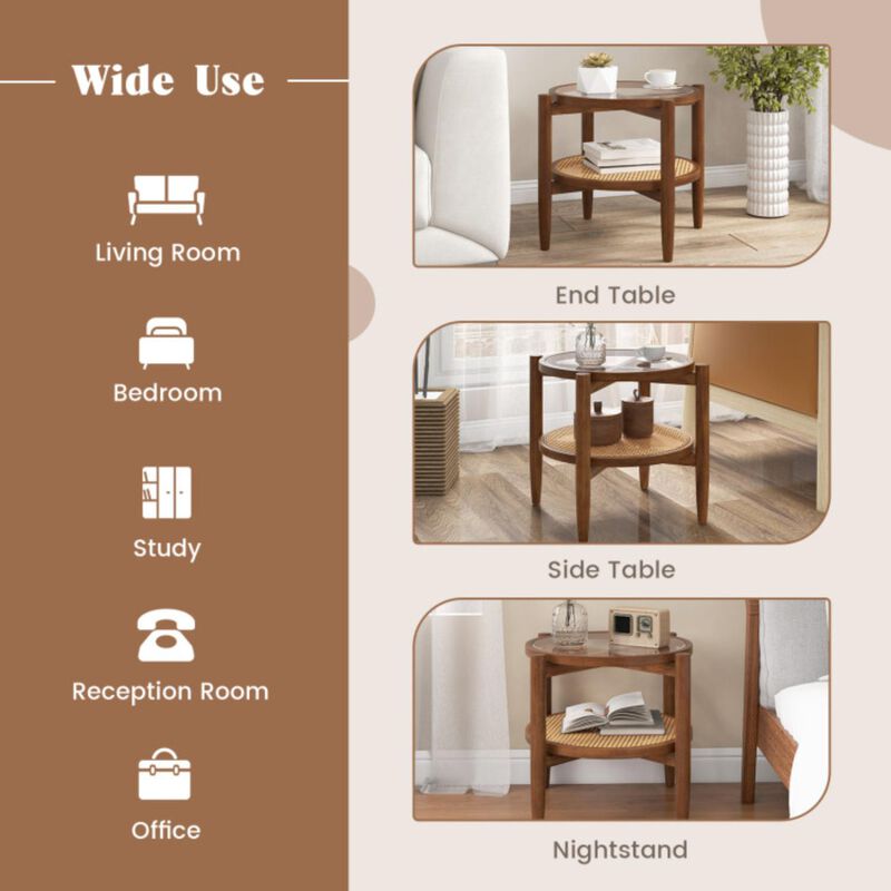 Hivvago Rattan Round Side End Table with Tempered Glass Tabletop