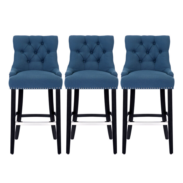 WestinTrends 29" Linen Fabric Tufted Upholstered Bar Stool (Set of 3), Black