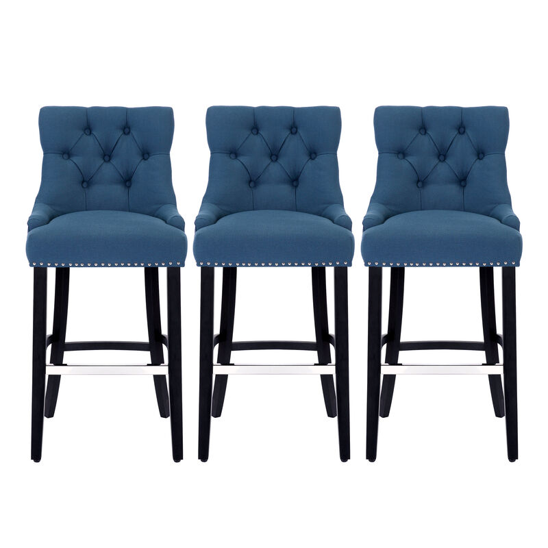 WestinTrends 29" Linen Fabric Tufted Upholstered Bar Stool (Set of 3), Black