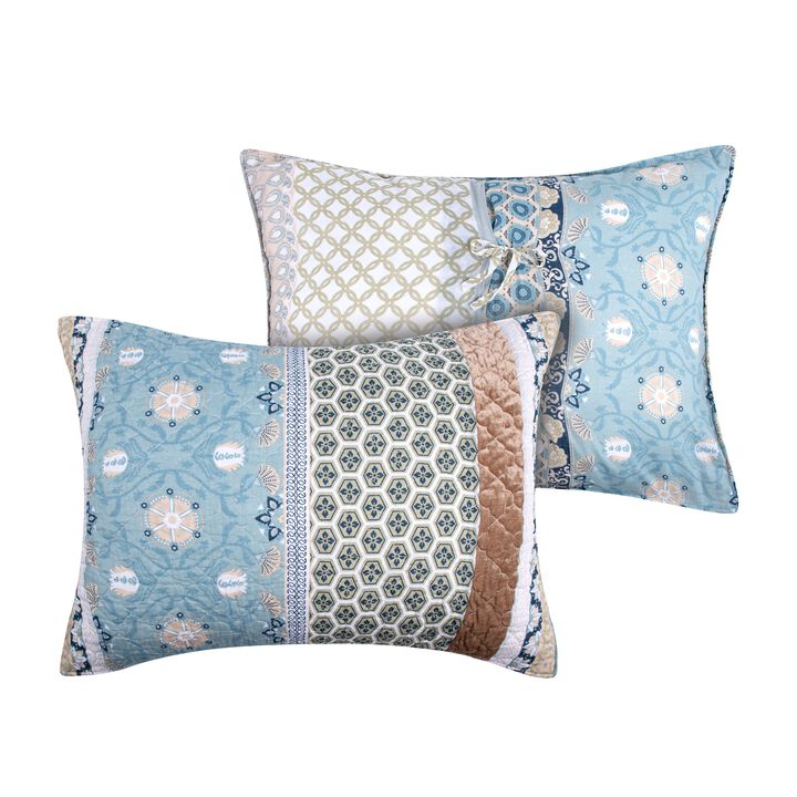 Ello 36 Inch Quilted King Size Pillow Sham, Bohemian Print Blue and White