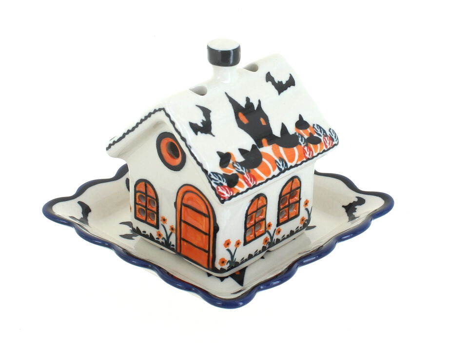 Blue Rose Polish Pottery Haunted House Luminary