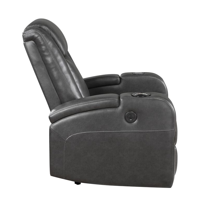 Emily 38 Inch Power Recliner Chair, Cooling Cupholder, LED, Gray PU Leather - Benzara