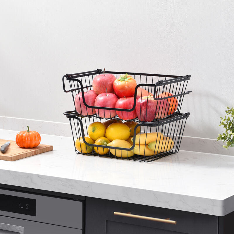 Oceanstar Stackable Metal Wire Storage Basket Set for Pantry, Countertop, Kitchen or Bathroom � Black, Set of 2