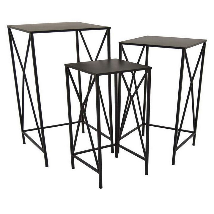 Hyan Modern Plant Stand Side Table Set of 3, Crossed Black Metal Frame - Benzara