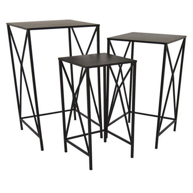 Hyan Modern Plant Stand Side Table Set of 3, Crossed Black Metal Frame - Benzara