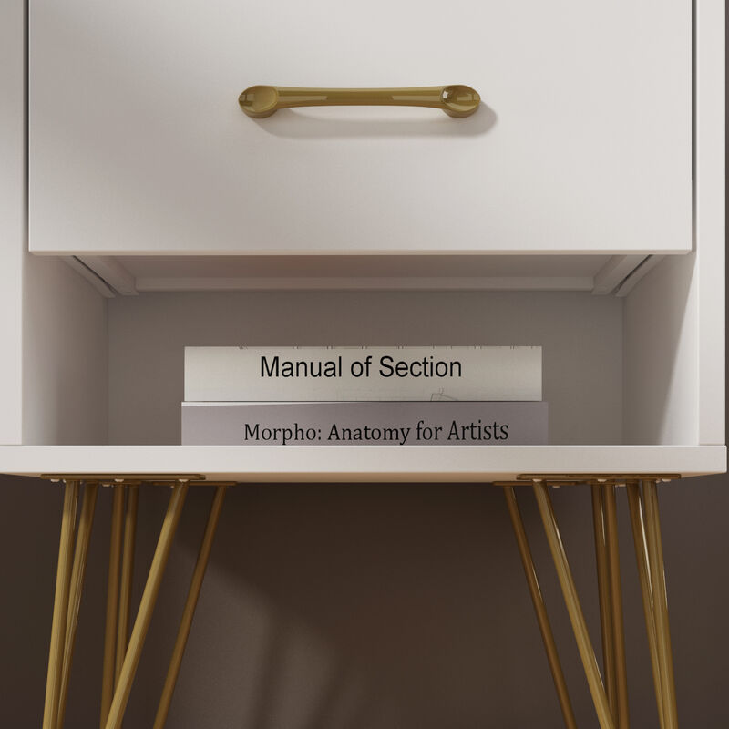 1-Drawer White Nightstands with Metal Legs and Open Shelf Side Table Bed Side Table 23.6 in. H x 15.7 in. W x 11.8 in. D