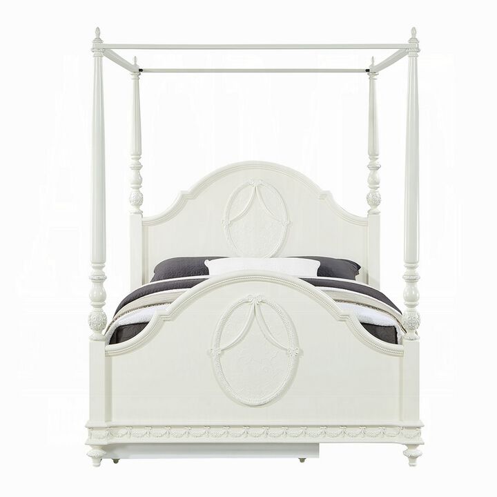 Dorie Full Size Poster Bed, Embossed Floral and Oval Molding, Ivory  - Benzara