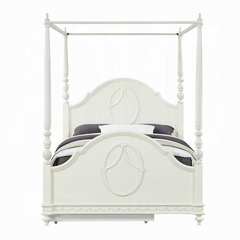 Dorie Full Size Poster Bed, Embossed Floral and Oval Molding, Ivory  - Benzara