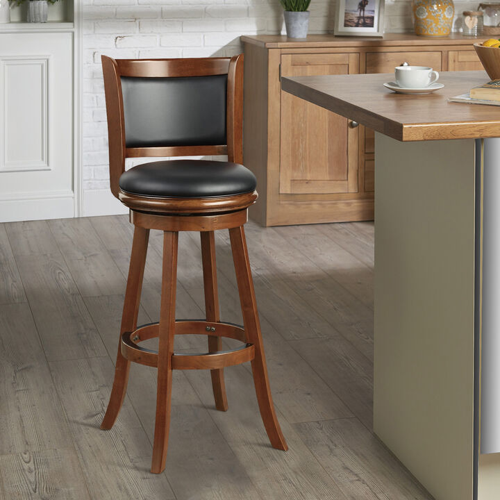 Pio 34 Inch Extra Tall Swivel Bar Stool, Wood, Faux Leather, Cherry Brown-Benzara