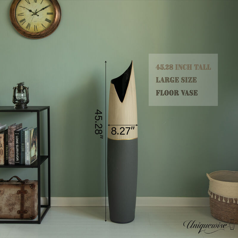 45-Inch Tall Freestanding Ceramic Floor Vase - Handcrafted Beige Polka Dot Striped Top and Black Bottom, Large Waterproof Vase for Tall Floral Arrangements, Unique Shaped Flower Holder