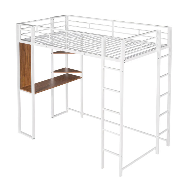 Twin Metal Loft Bed With 2 Shelves And One Desk