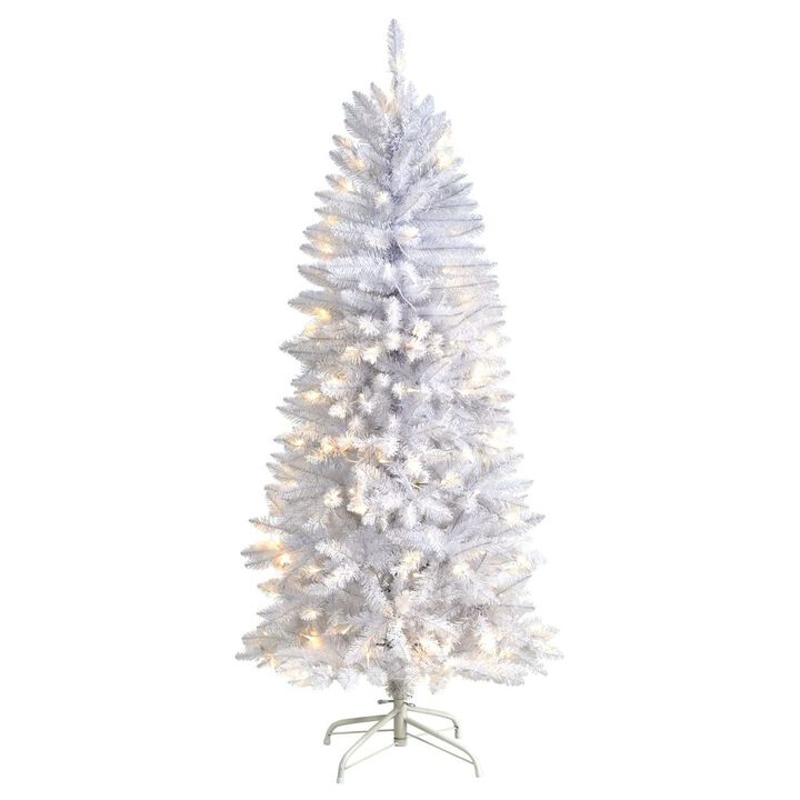 Nearly Natural  5 ft. Slim White Artificial Christmas Tree with 150 Warm White LED Lights & 491 Bendable Branches