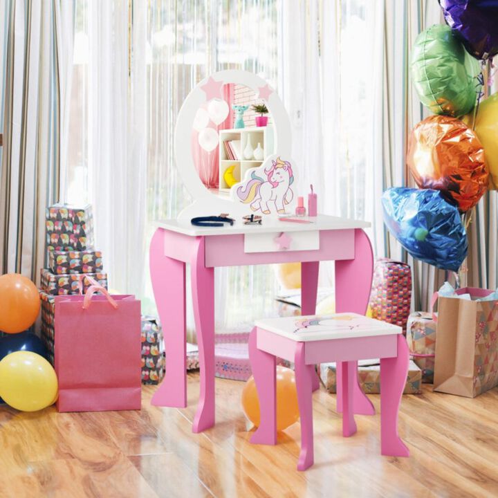 Hivvago Kids Wooden Makeup Dressing Table and Chair Set with Mirror and Drawer-Pink