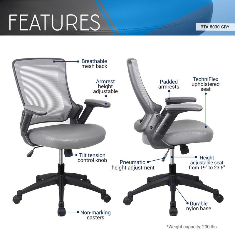 Techni Mobili Mid-Back Mesh Task Office Chair with Flip Up Arms. Color: Gray