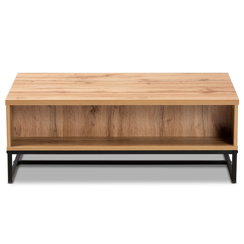 Baxton Studio Franklin Oak Brown Finished Wood And Black Finished Metal 2 Drawer Coffee Table