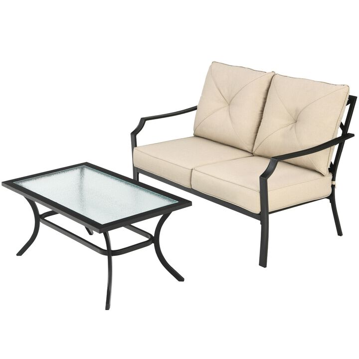 2-Piece Patio Outdoor Cushioned Sofa Bench with Coffee Table for Garden and Backyard Relaxation
