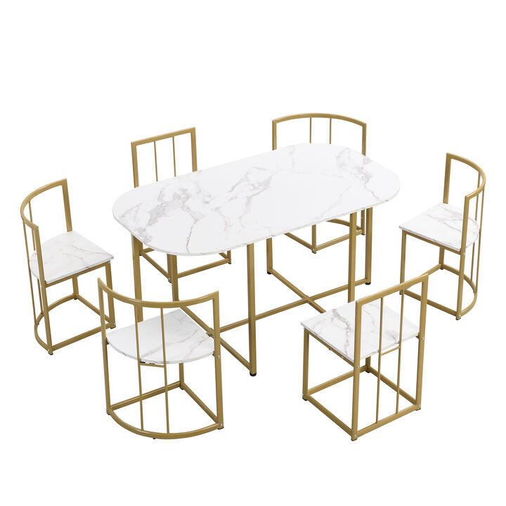 Modern 7-Piece Dining Table Set With Faux Marble Compact 5 5" Kitchen Table Set For 6, Gold