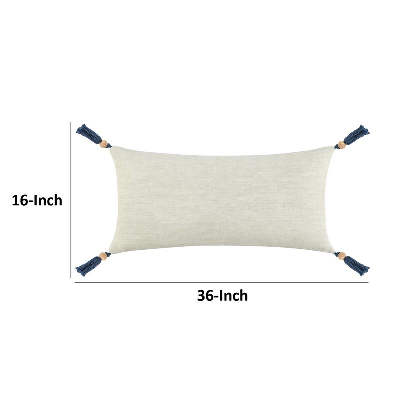 Chia Lumbar Throw Pillow, 16x36in Wood Bead Tassels, Light Gray Linen - Benzara