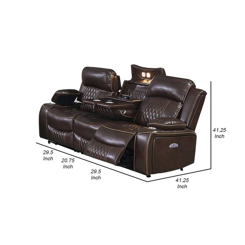 Seda 80 Inch Power Reclining Sofa, USB Port, Dark Brown Vegan Faux Leather - Benzara
