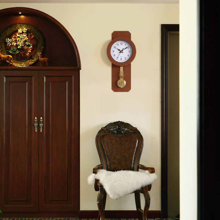 Wood-Look Pendulum Plastic Wall Clock, Farmhouse Decor for Living Room, Kitchen, or Dining Room, Silent Clock with Roman Numerals, Battery Powered, Large Decorative Wall Clock, Easy-to-Read, Black