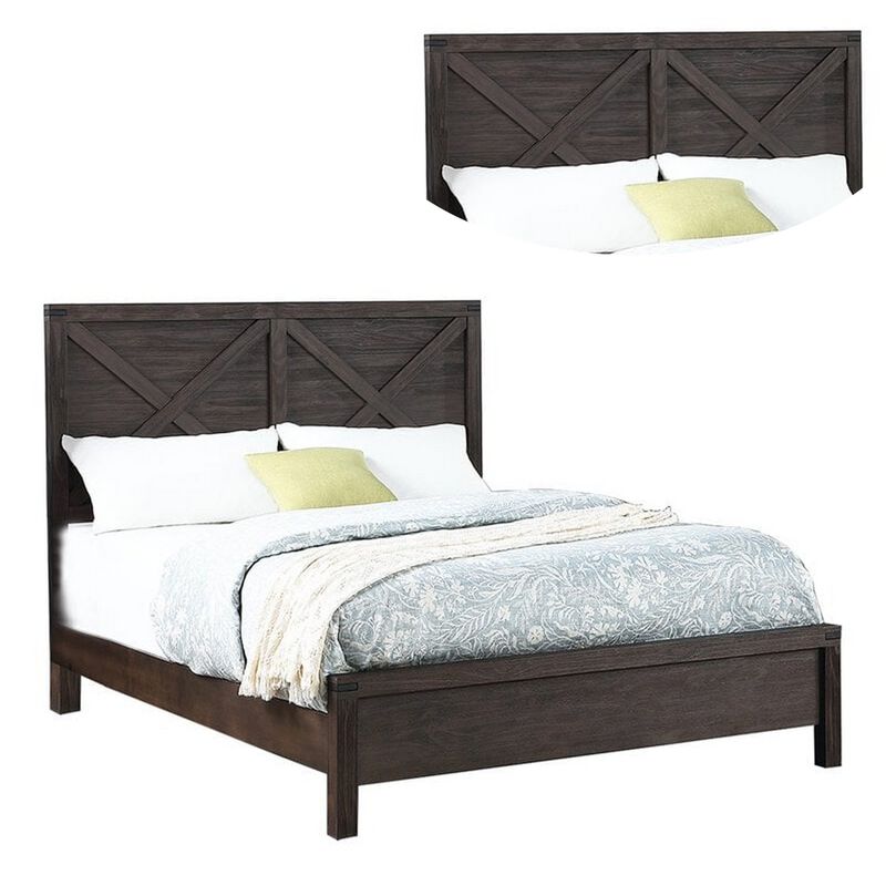 Yale Platform Queen Size Bed, Crossed Accent Panel, Dark Walnut Brown - Benzara
