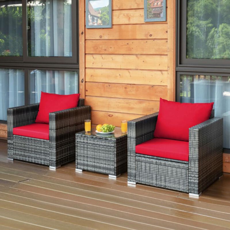 Hivvago 3 Pieces Patio Rattan Furniture Bistro Sofa Set with Cushioned